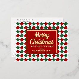 Postal Festiva Con Relieve Metalizado Navidades De Cheques Rojos Y Verdes Festividades D