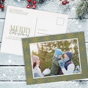 Postal Festiva Con Relieve Metalizado Navidades de copo de nieve verde foto oro