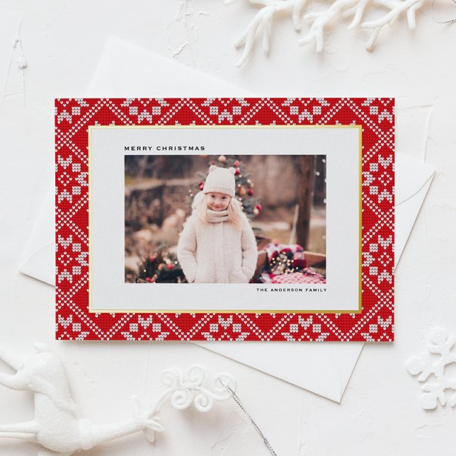 Postal Festiva Con Relieve Metalizado Navidades de fotografía del patrón de Knit de invi (Red Fair Isle Winter Knit Pattern Photo Christmas Foil Holiday Postcard)