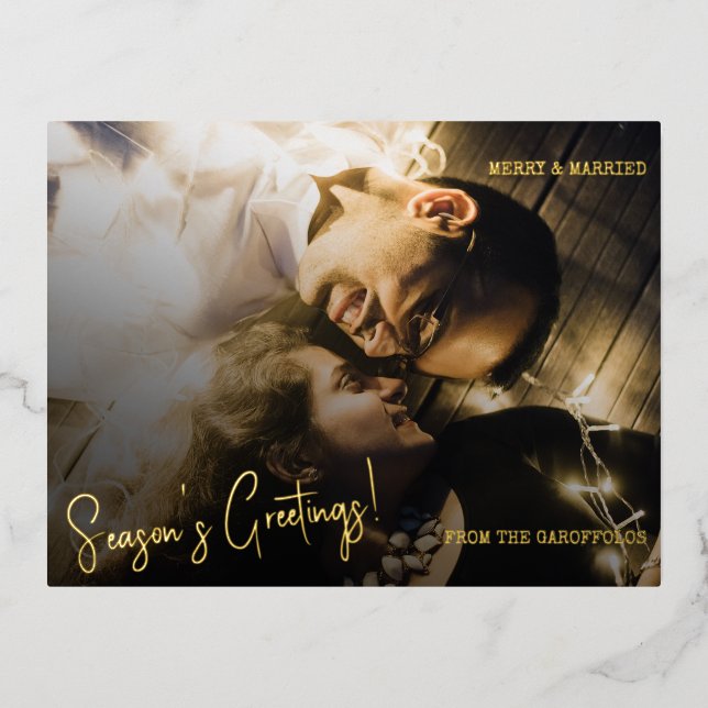 Postal Festiva Con Relieve Metalizado Navidades de fotografía personalizados casados con (Anverso)