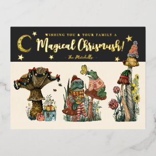 Postal Festiva Con Relieve Metalizado Navidades de hongos mágicos de oro y negro