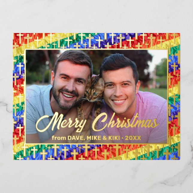 Postal Festiva Con Relieve Metalizado NAVIDADES de la cruz de bandera arcoíris gay LGBT  (Anverso)