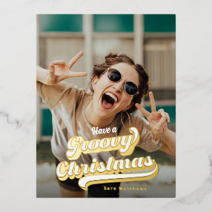 Postal Festiva Con Relieve Metalizado Navidades de la tipografía retro Groovy Gold