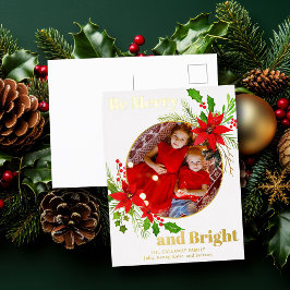 Postal Festiva Con Relieve Metalizado Navidades de Merry y Bright Poinsettia Photo Gold