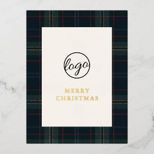 Postal Festiva Con Relieve Metalizado Navidades de negocios de Marina Blue y Green Plaid