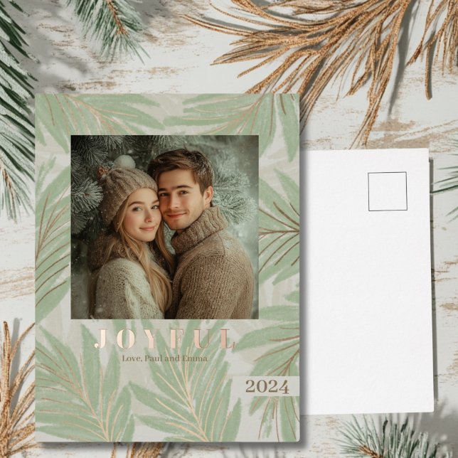 Postal Festiva Con Relieve Metalizado Navidades de palmeras verdes (Pastel Green Foil Tropical Holiday Postcard)