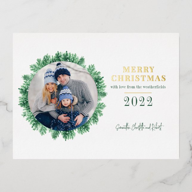 Postal Festiva Con Relieve Metalizado Navidades de pino fotográfico de familia modernos (Anverso)
