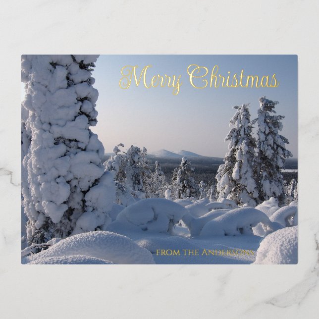 Postal Festiva Con Relieve Metalizado Navidades de Snowy Winter Scenery (Anverso)