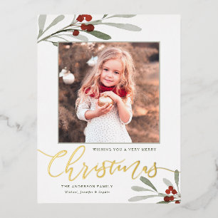 Postal Festiva Con Relieve Metalizado Navidades de Watercolor Red Berry Green Photo Gold