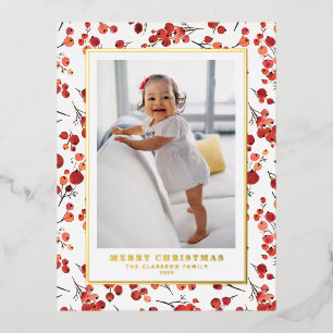 Postal Festiva Con Relieve Metalizado Navidades de Winterberry Rojo de color de agua fot