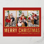Postal Festiva Con Relieve Metalizado Navidades del Collage de fotos de tipografía moder<br><div class="desc">Feliz Navidad! Envíe cálidos deseos a su familia y amigos con esta tarjeta postal de collage de Navidades de personalizable. Personalice agregando tres fotos,  nombres,  año y otros detalles. Esta postal de Navidades de Relieve metalizado dorado está disponible en otros colores y material de cartón.</div>
