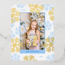 Postal Festiva Con Relieve Metalizado Navidades Diseño del marco Blue Snowflake Light