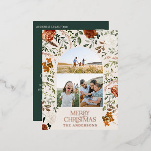 Postal Festiva Con Relieve Metalizado Navidades elegante montaje botánico verde 3 foto