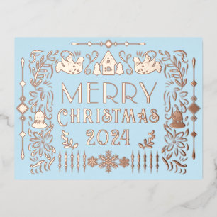 Postal Festiva Con Relieve Metalizado Navidades escandinavos año azul