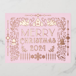 Postal Festiva Con Relieve Metalizado Navidades escandinavos año rosado