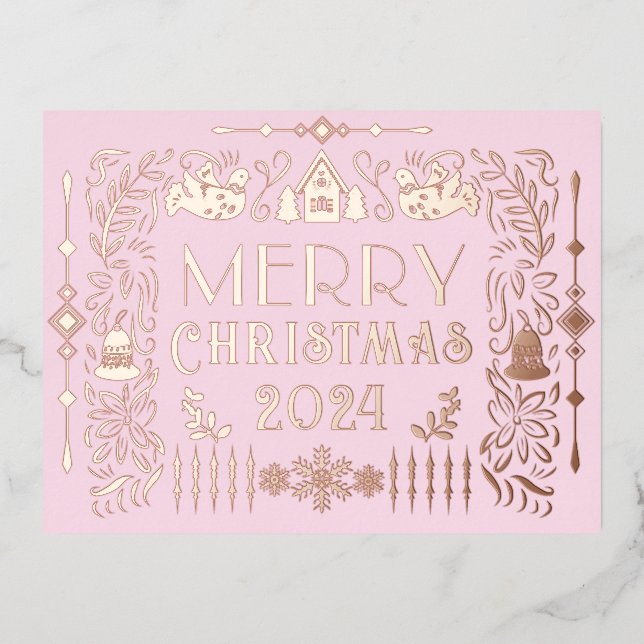 Postal Festiva Con Relieve Metalizado Navidades escandinavos año rosado (Anverso)