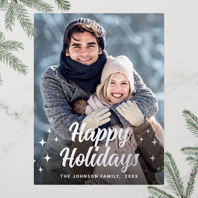 Postal Festiva Con Relieve Metalizado Navidades espumosos FOTO Saludo Plata (Customizable Christmas holiday greeting photo card with real foil print.)