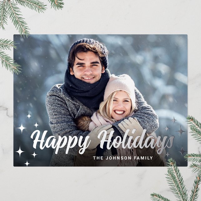 Postal Festiva Con Relieve Metalizado Navidades espumosos FOTO Saludo Plata (Customizable Christmas holiday greeting photo card with real foil print.)