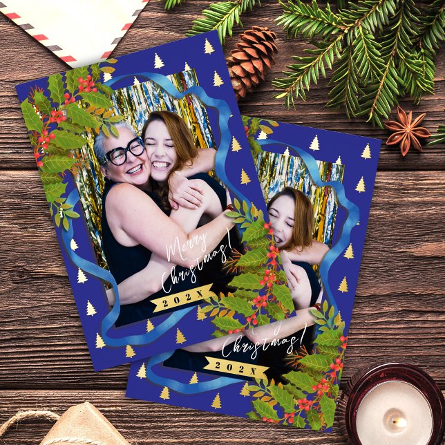 Postal Festiva Con Relieve Metalizado Navidades Festival Ribbon Foto Azul Rojo (Christmas Festival Ribbon Photo Red Blue Foil Holiday Postcard)