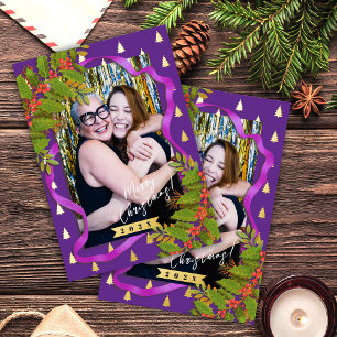 Postal Festiva Con Relieve Metalizado Navidades Festival Ribbon Photo Purple