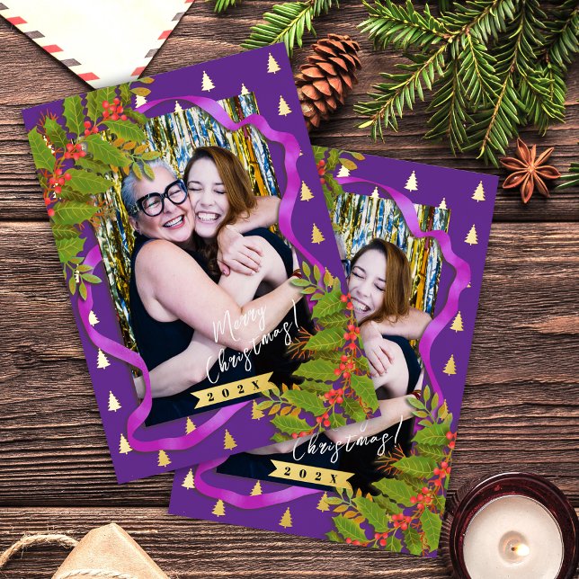 Postal Festiva Con Relieve Metalizado Navidades Festival Ribbon Photo Purple (Christmas Festival Ribbon Photo Purple Foil Holiday Postcard)