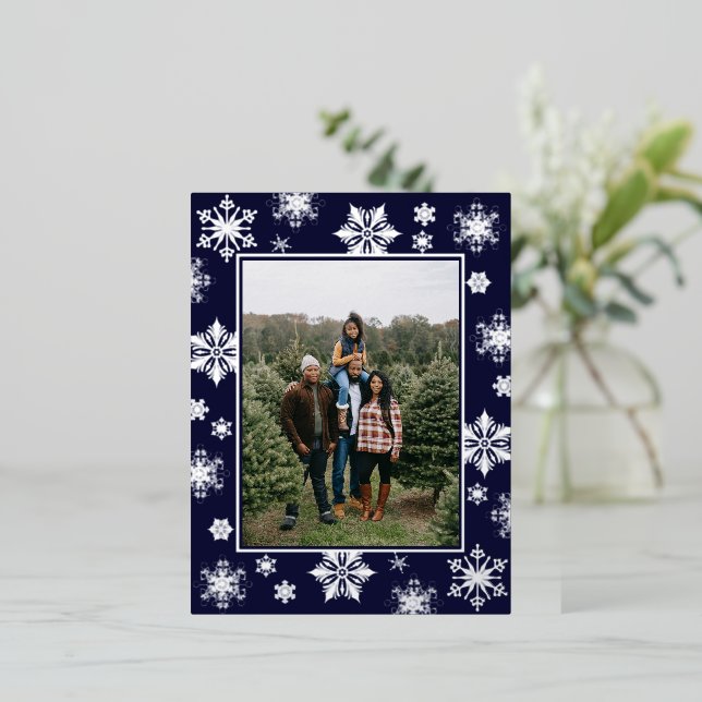 Postal Festiva Con Relieve Metalizado Navidades Foto de Snowflakes | Azul (Anverso de pie)
