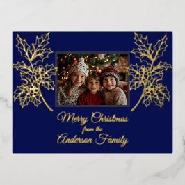 Postal Festiva Con Relieve Metalizado Navidades Foto Holly Branches Blue Botanical