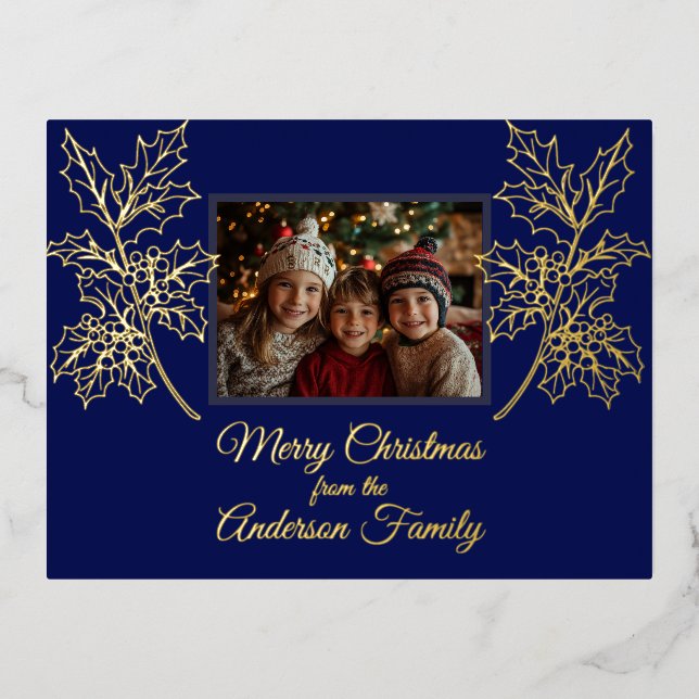 Postal Festiva Con Relieve Metalizado Navidades Foto Holly Branches Blue Botanical (Anverso)