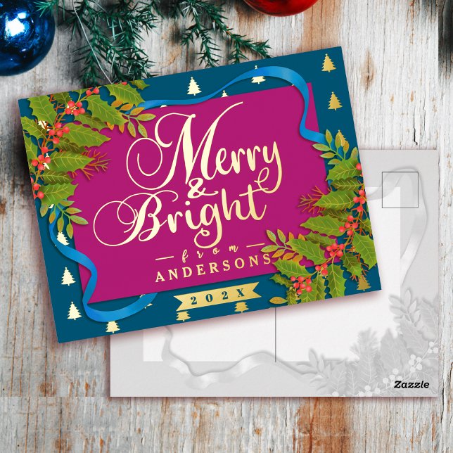 Postal Festiva Con Relieve Metalizado Navidades merry y brillantes azul rojo (Merry and Bright Christmas Red  Teal Foil Holiday Postcard)