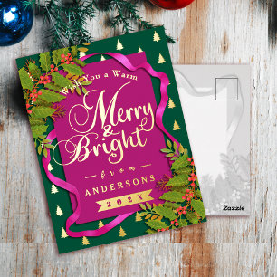 Postal Festiva Con Relieve Metalizado Navidades merry y brillantes Rojo verde
