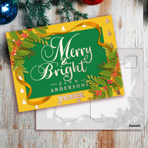 Postal Festiva Con Relieve Metalizado Navidades merry y brillantes verde amarillo