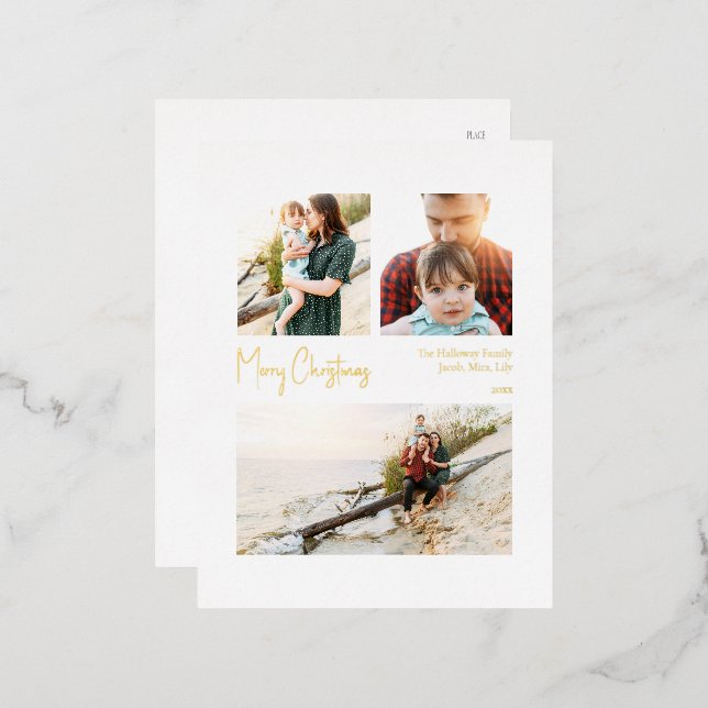 Postal Festiva Con Relieve Metalizado Navidades modernos escriben tres fotos de oro (Anverso/Reverso)