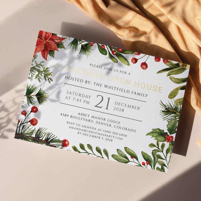 Postal Festiva Con Relieve Metalizado Navidades Open House Botanical Gold (Poinsettia Red Berries Gold Foil Christmas Party Invitation)