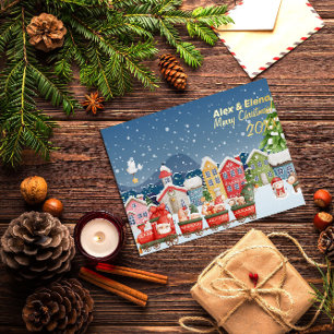Postal Festiva Con Relieve Metalizado Navidades personalizado ciudad invierno