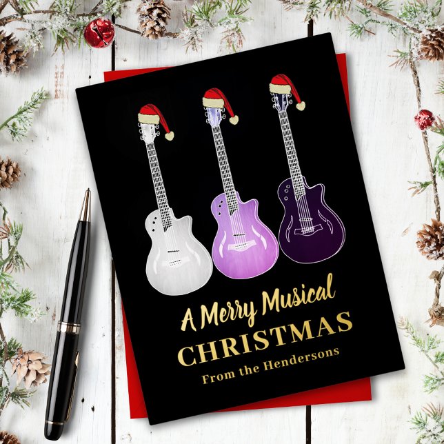 Postal Festiva Con Relieve Metalizado Navidades personalizados Guitar Black & Gold (Personalized merry music christmas guitars wearing Santa hats pink, black and gold foil holiday card)