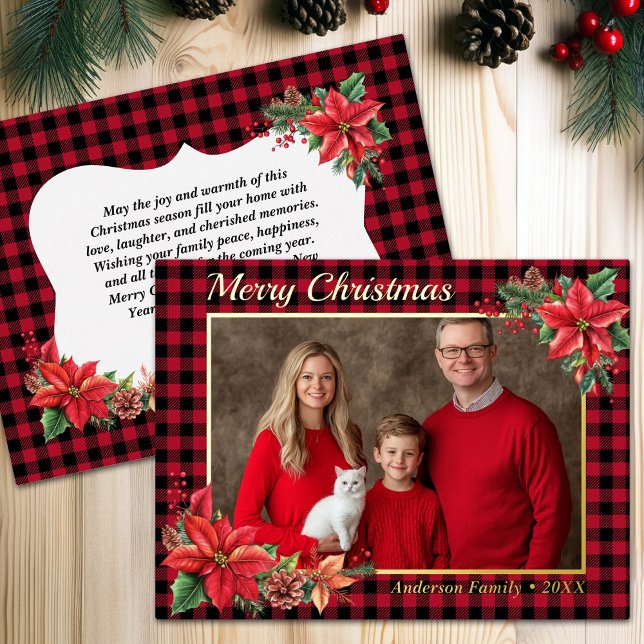 Postal Festiva Con Relieve Metalizado Navidades Poinsettia Buffalo Plaid Family Photo (Christmas Poinsettia Buffalo Plaid Family Photo Foil Holiday Postcard)