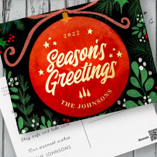 Postal Festiva Con Relieve Metalizado Navidades Rojos Modernos Ball Ornamento Botánico