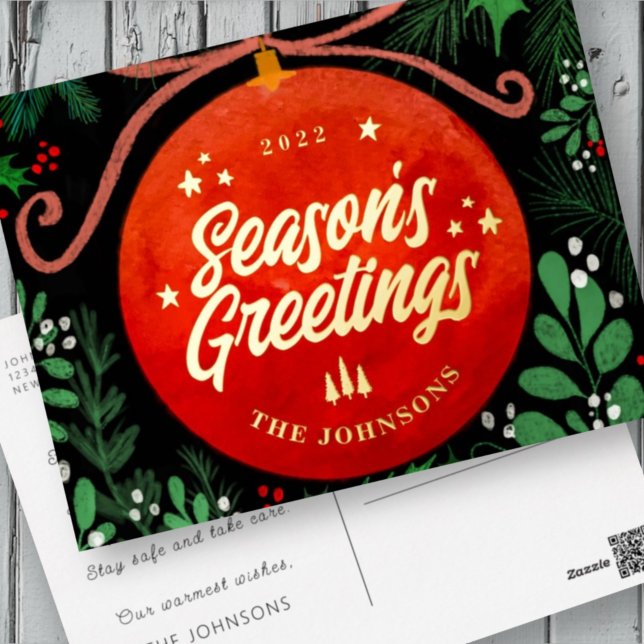 Postal Festiva Con Relieve Metalizado Navidades Rojos Modernos Ball Ornamento Botánico (Subido por el creador)