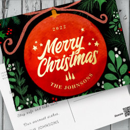 Postal Festiva Con Relieve Metalizado Navidades Rojos Modernos Ball Ornamento Botánico