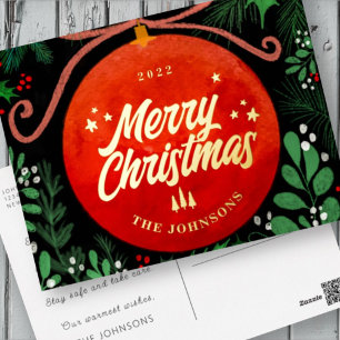 Postal Festiva Con Relieve Metalizado Navidades Rojos Modernos Ball Ornamento Botánico