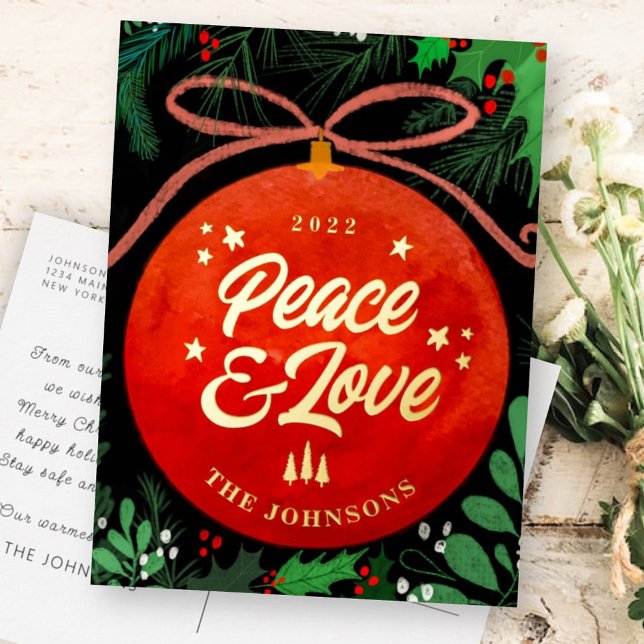 Postal Festiva Con Relieve Metalizado Navidades Rojos Modernos Ball Ornamento Botánico (Subido por el creador)