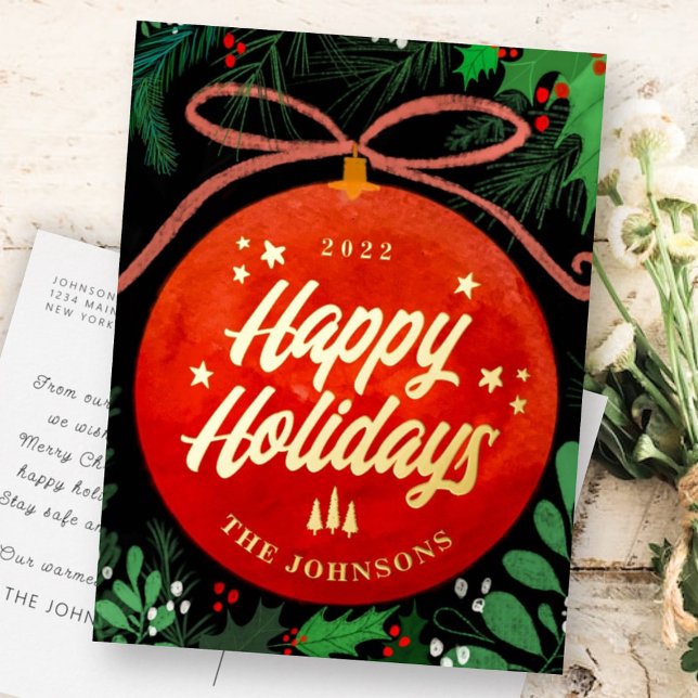 Postal Festiva Con Relieve Metalizado Navidades Rojos Modernos Ball Ornamento Botánico (Subido por el creador)
