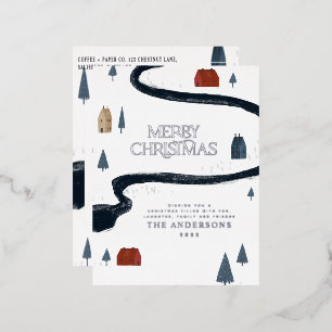 Postal Festiva Con Relieve Metalizado Navidades rústicos tradicionales de nieve en invie