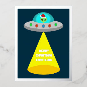 Postal Festiva Con Relieve Metalizado Navidades UFO Ho Ho Alien Flying Saucer Personaliz