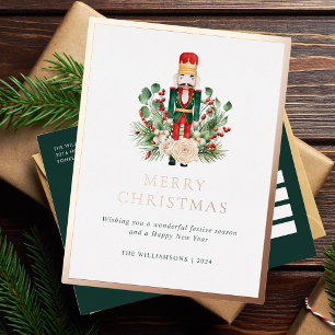 Postal Festiva Con Relieve Metalizado Navidades Vacaciones Nutcracker Greenery Elegante
