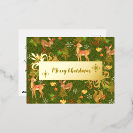 Postal Festiva Con Relieve Metalizado Navidades Woodland Green. Personalizado.Oro.