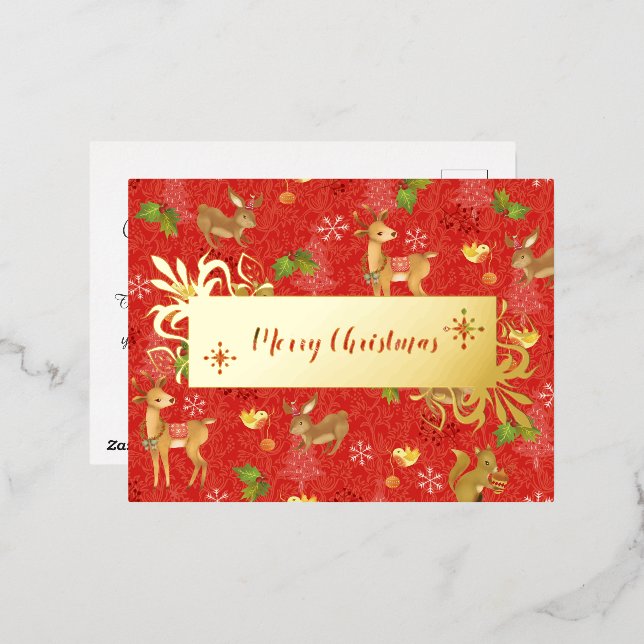 Postal Festiva Con Relieve Metalizado Navidades Woodland Red. Personalizado.Oro. (Anverso/Reverso)