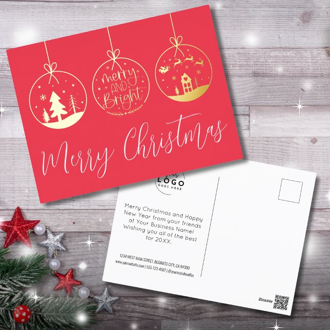 Postal Festiva Con Relieve Metalizado Negocios De Navidades Rojos Brillantes Y Cerebros (Merry And Bright Red Christmas Business Foil Holiday Postcard)