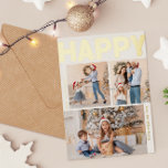 Postal Festiva Con Relieve Metalizado Negrita vertical tres fotos feliz oro<br><div class="desc">Envíe cálidos deseos esta temporada navideña con esta original y bonita y audaz postal vertical de tres fotos feliz Relieve metalizado dorado de vacaciones. Su diseño, sencillo y minimalista, presenta elementos inspirados en el boho en el Relieve metalizado dorado. Celebrando el espíritu festivo de diciembre, este diseño le aporta un...</div>