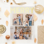 Postal Festiva Con Relieve Metalizado Negrita vertical tres fotos Merry Gold<br><div class="desc">Envíe cálidos deseos esta temporada navideña con esta original y bonita y audaz postal vertical de tres fotos alegres Relieves metalizados dorados de vacaciones. Su diseño, sencillo y minimalista, presenta elementos inspirados en el boho en el Relieve metalizado dorado. Celebrando el espíritu festivo de diciembre, este diseño le aporta un...</div>
